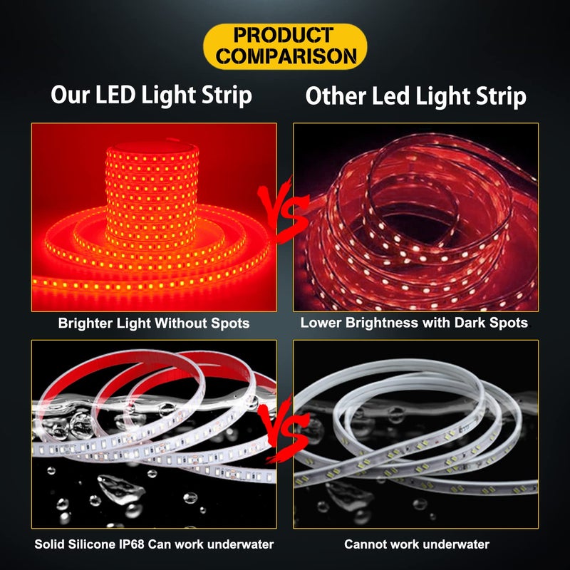 YM EBright YM E-Bright Red LED Strip Lights 5M /16.4Ft 600SMD Waterproof IP68 Flexible for Bedroom Undercar Lighting Kits Mall Indoor Outdoor House Party Decoration Stage Lights (No Power Adapter) - Image 2